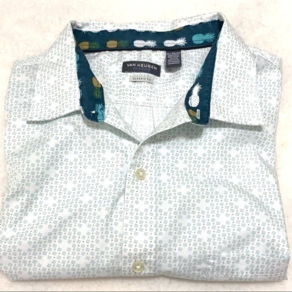 VAN HEUSEN CASUAL WHITE BUTTON UP SHIRT WITH TAN AND TEAL DOTS XL